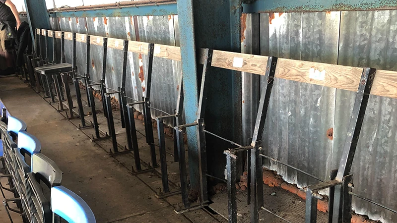 A photo of rundown seats in Transmere Rovers football stadium