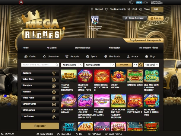 Desktop view of Mega Riches Casino slots lobby showcasing various game titles