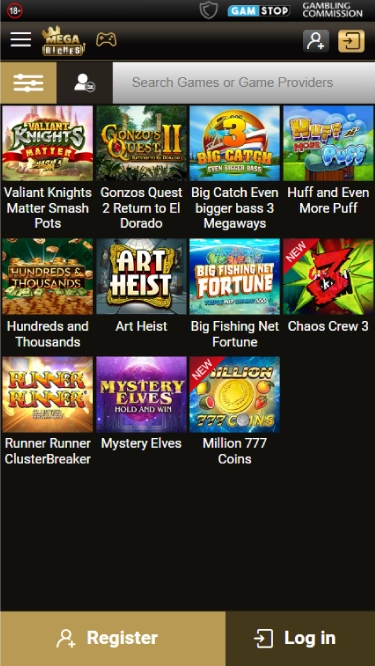 Mega Riches Casino mobile interface showing slot games