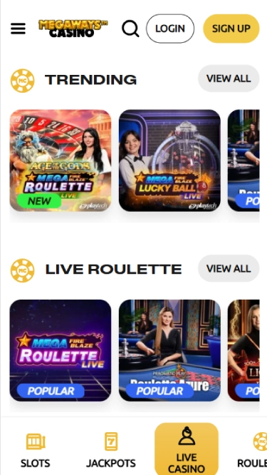 Megaways Casino's live casino lobby