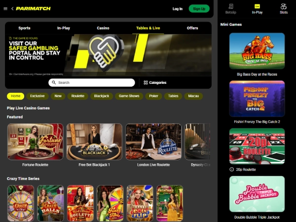A screenshot of Parimatch Casino's live games