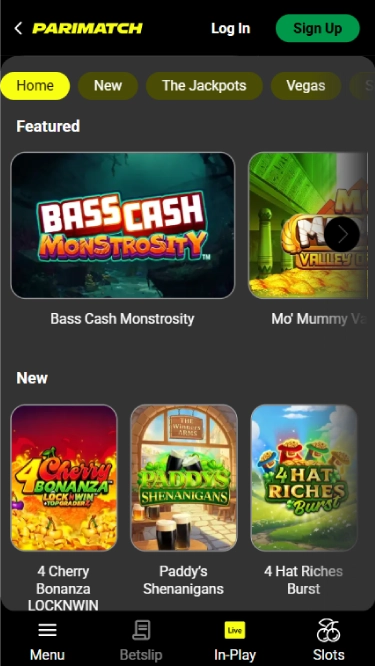 A screenshot of Parimatch Casinos homepage