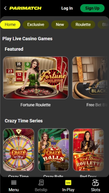 A screenshot of Parimatch Casino's live games