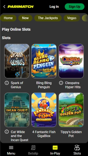 A screenshot of Parimatch Casinos slots homepage