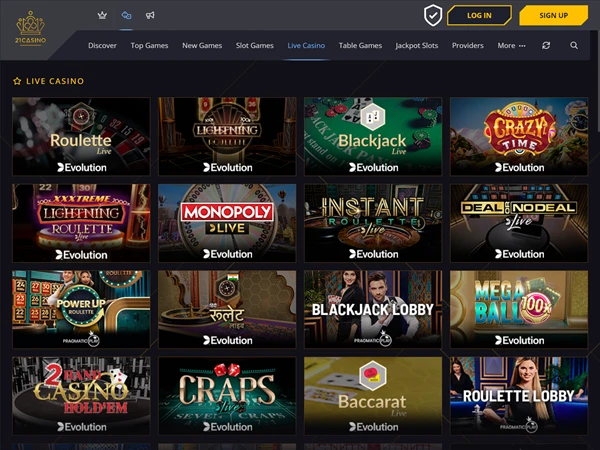 21 Casino's live game selection