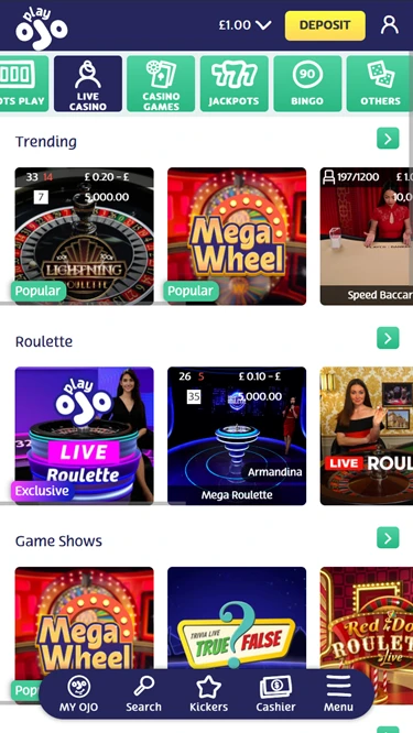 PlayOJO's live casino game selection