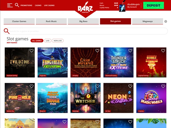 A screenshot of Barz Casino home page