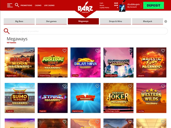 A screenshot of Barz Casino Megaways slots