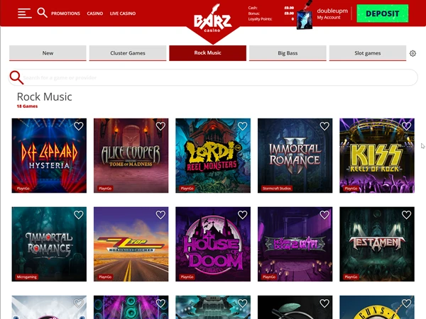 A screenshot of Barz Casino 'rock music' slots