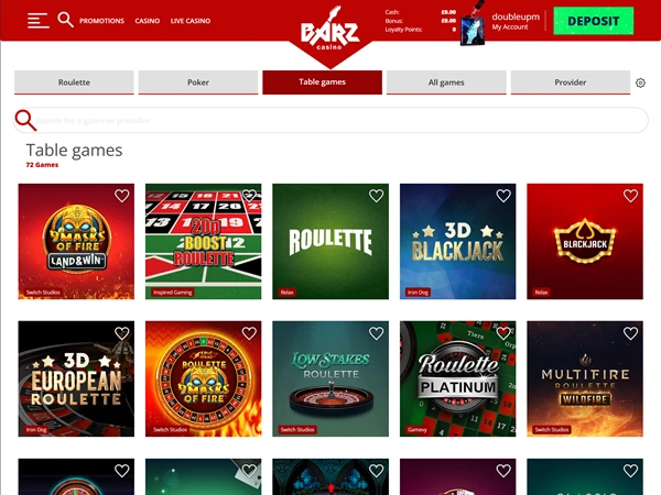 A screenshot of Barz Casino live casino selection