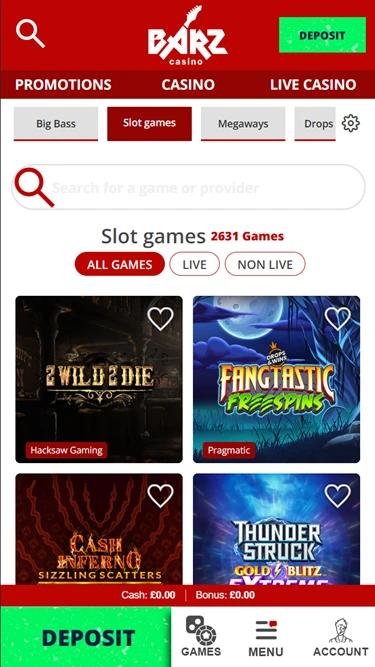 A screenshot of Barz Casino home page