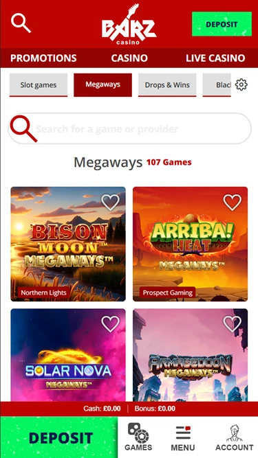 A screenshot of Barz Casino Megaways slots