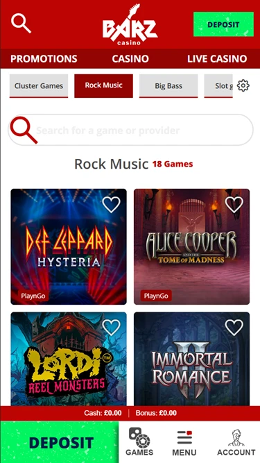 A screenshot of Barz Casino 'rock music' slots