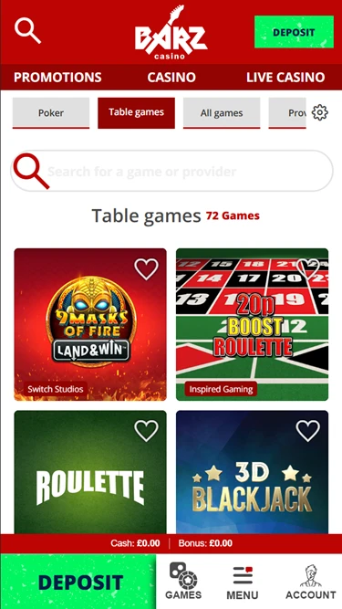 A screenshot of Barz Casino live casino selection