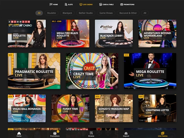 Betfair's live game show selection