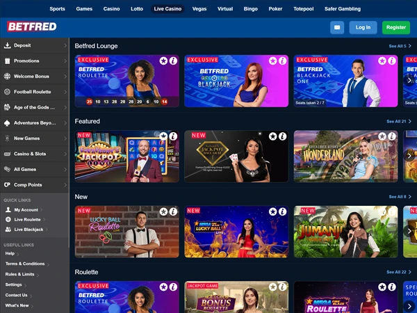 Betfred's live casino game page