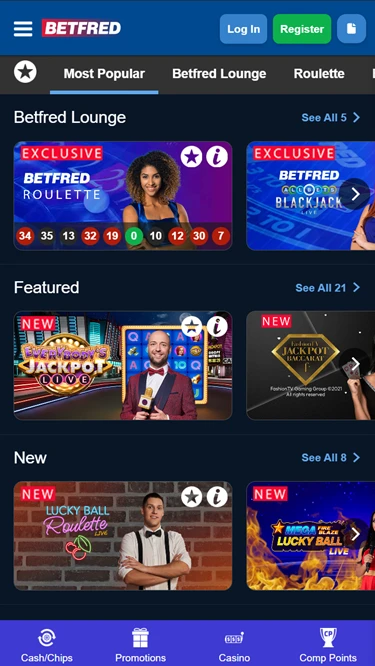 Betfred's live casino game page