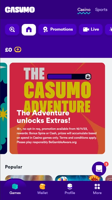 Casumo's casino lobby page