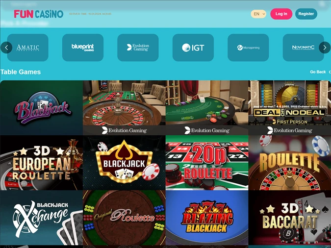 Fun Casino's selection of table games