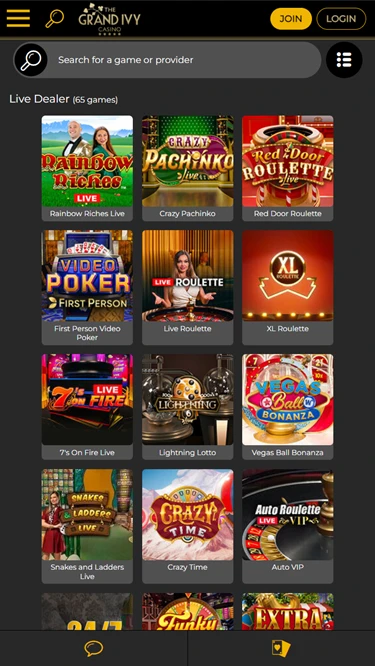 Grand Ivy Casino's live casino games