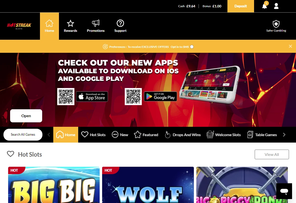 A screenshot of Hot Streak Casino's homepage