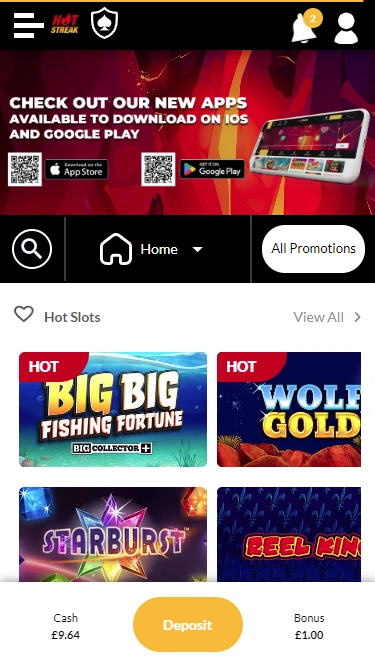 A screenshot of Hot Streak Casino's homepage