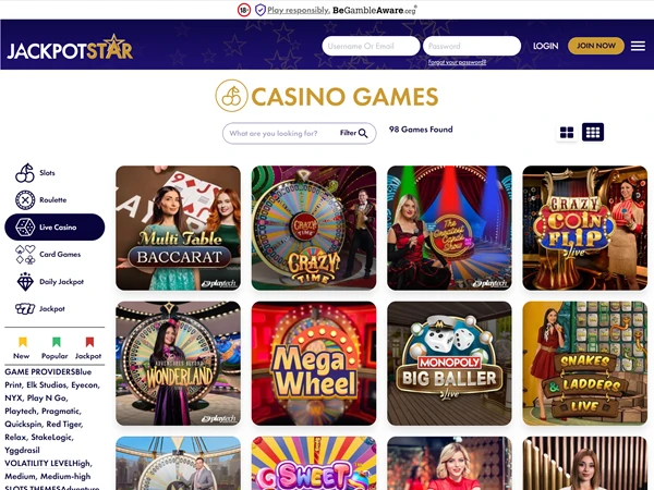 Jackpot Star's live casino games