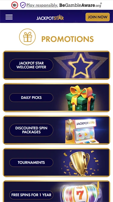Jackpot Star's promotions page