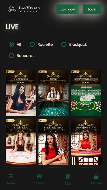 A screenshot of Las Vegas Casinos live casino selection