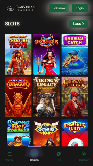 A screenshot of Las Vegas Casino's slots page