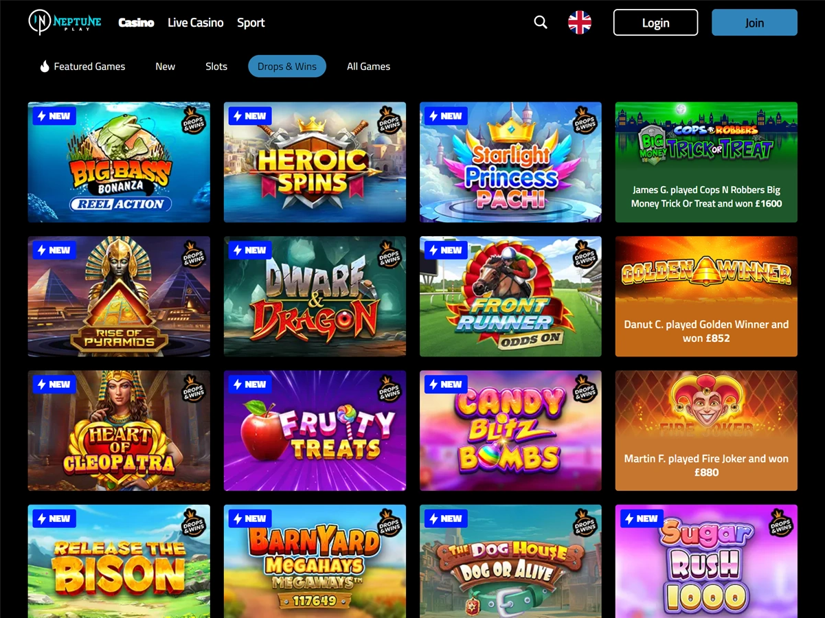 A screenshot of Neptune Play's Drops and Wins slots