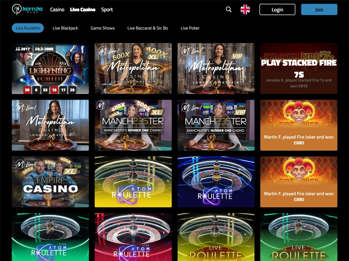 A screenshot of Neptune Play's live casino selection