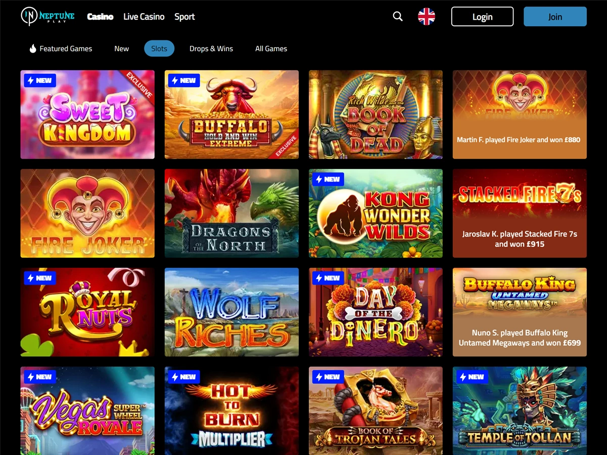 A screenshot of Neptune Play's slots page