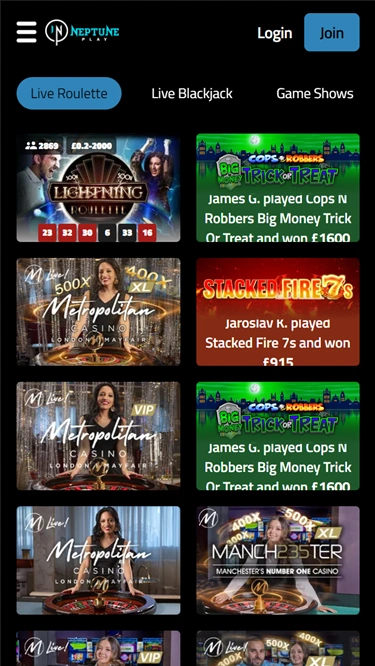 A screenshot of Neptune Play's live casino selection