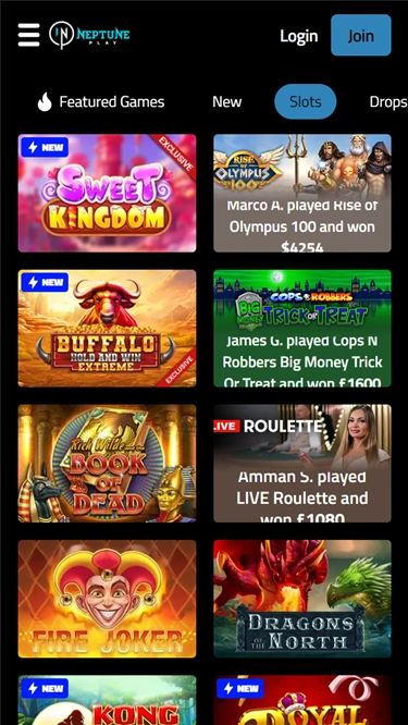 A screenshot of Neptune Play's slots page