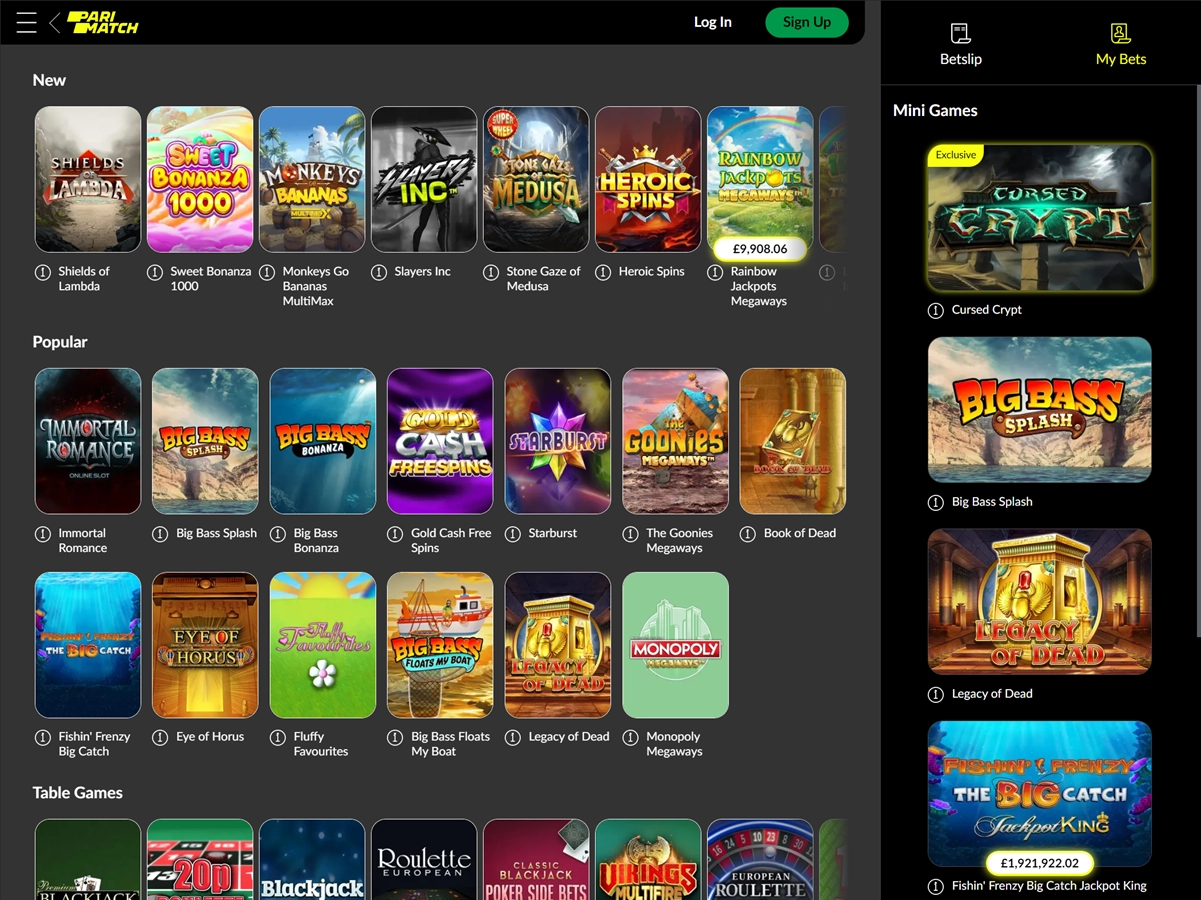 A screenshot of Parimatch Casinos slots homepage