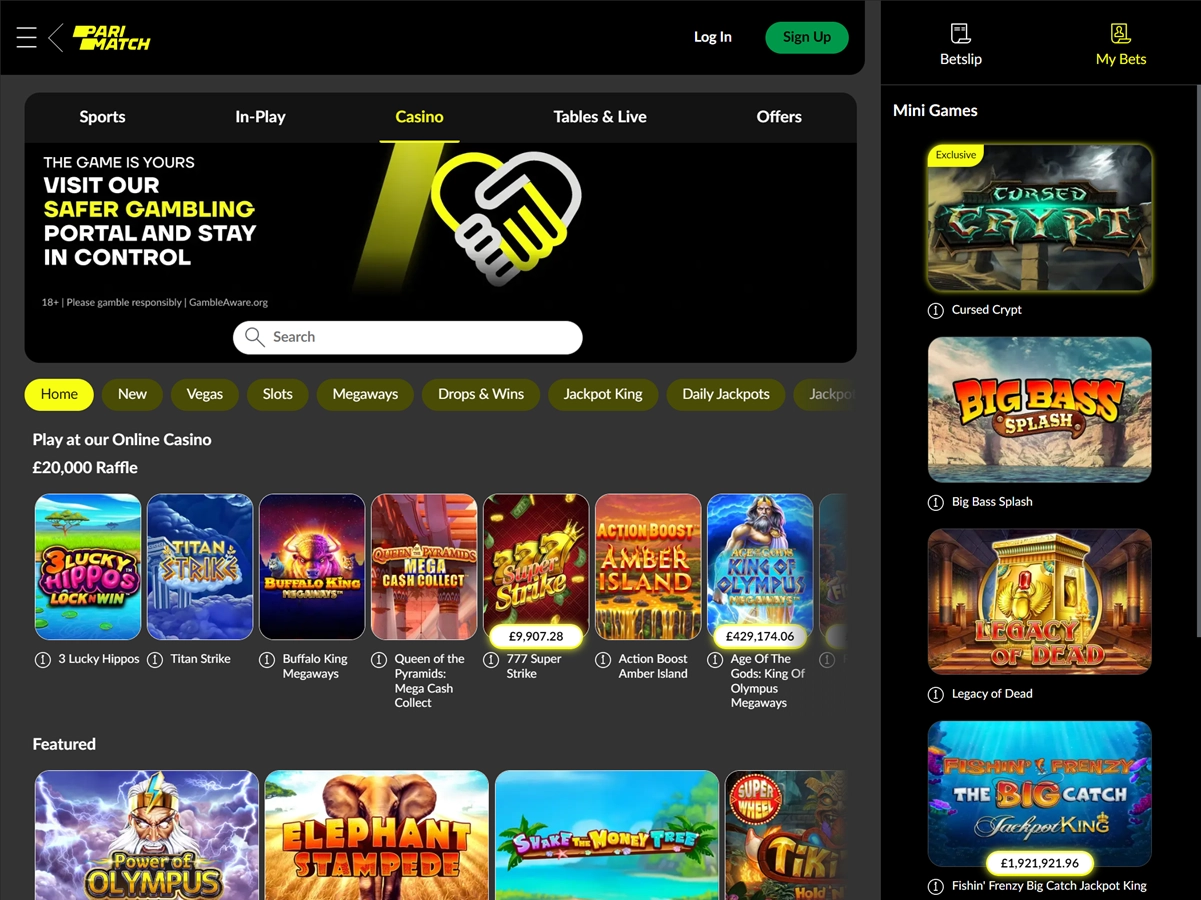 A screenshot of Parimatch Casinos homepage