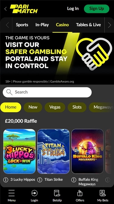 A screenshot of Parimatch Casinos homepage