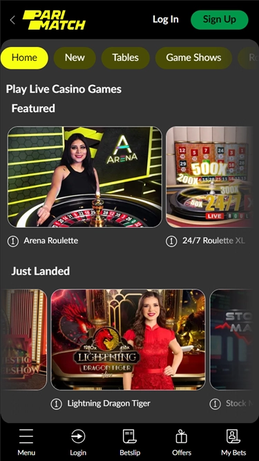 A screenshot of Parimatch Casinos live game selection