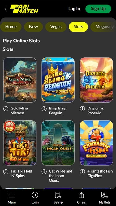 A screenshot of Parimatch Casinos slot selection