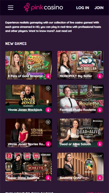 Pink Casino's live game shows