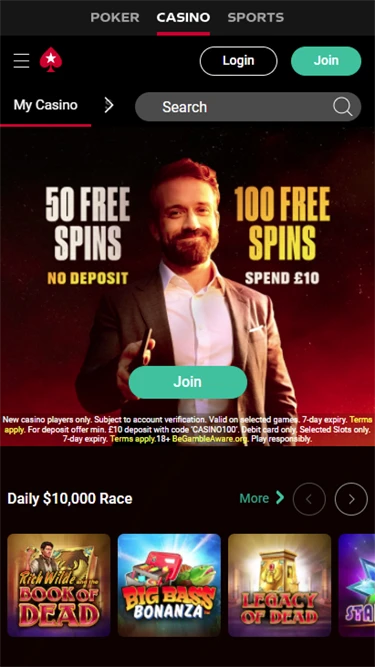 PokerStars Casino's homepage