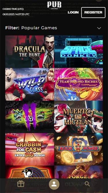 Pub Casino's homepage