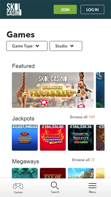 Skol Casino's homepage
