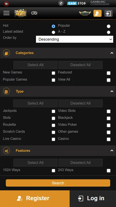 Videoslot's slot filter options
