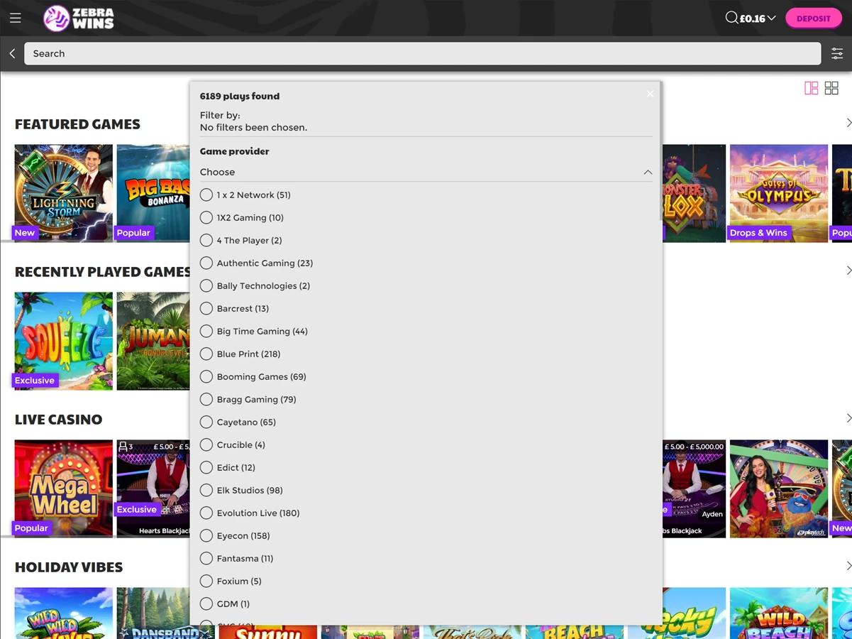 A screenshot of Zebra Wins casino developers filters