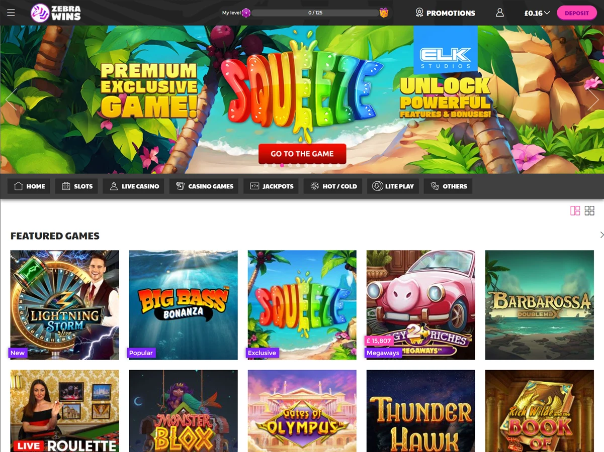 A screenshot of Zebra Wins casino home page