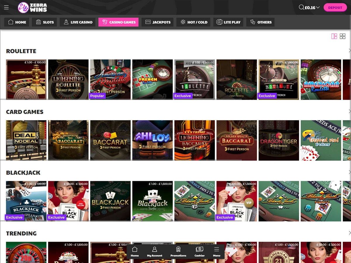 A screenshot of Zebra Wins casino live games page