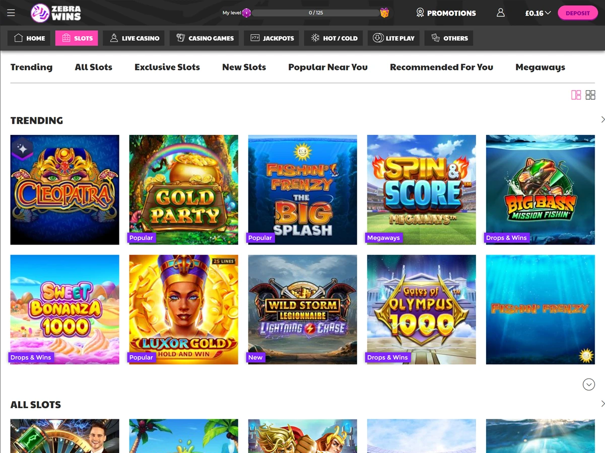 A screenshot of Zebra Wins casino's slots page