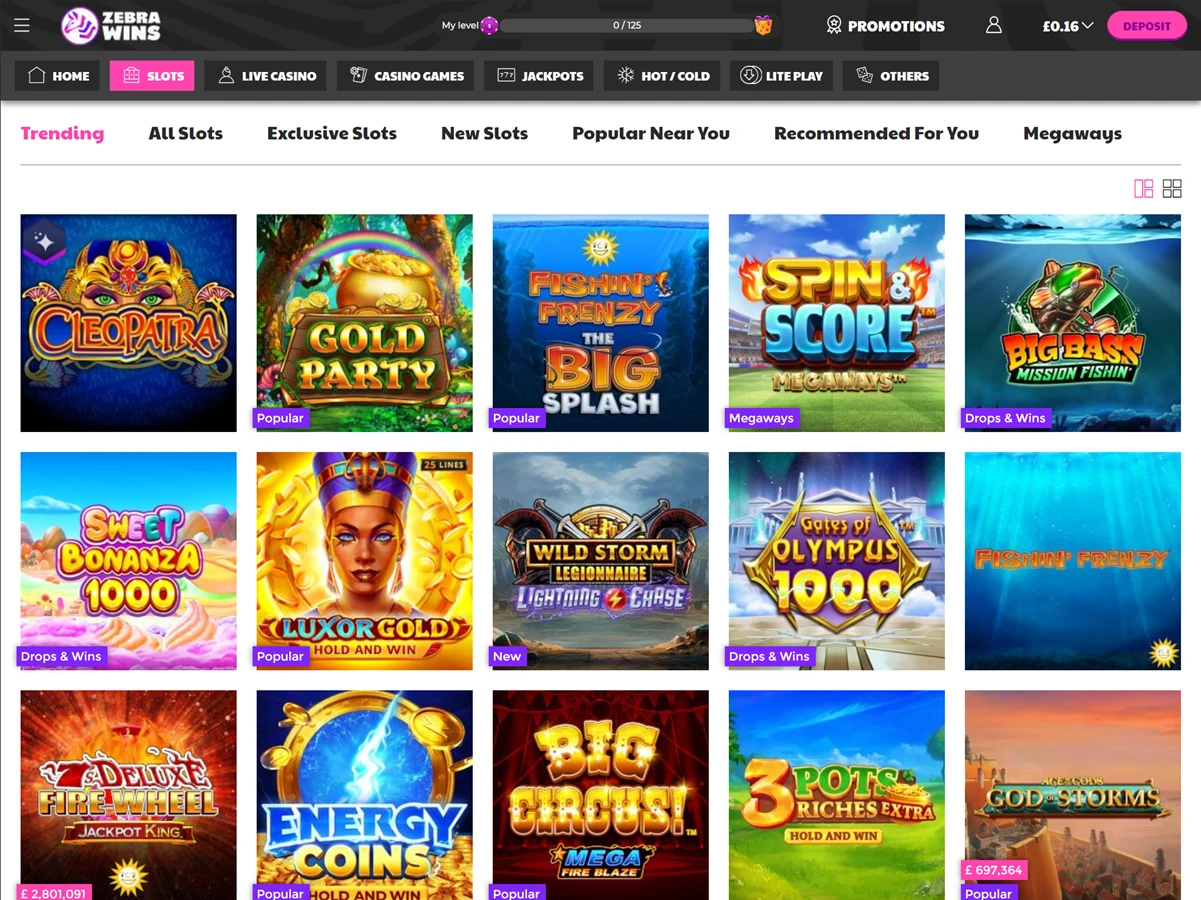 A screenshot of Zebra Wins trending slots section